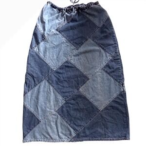 Denim & Co Blue Denim Patchwork Y2K Elastic Waist Drawstring  Skirt 2 Tone